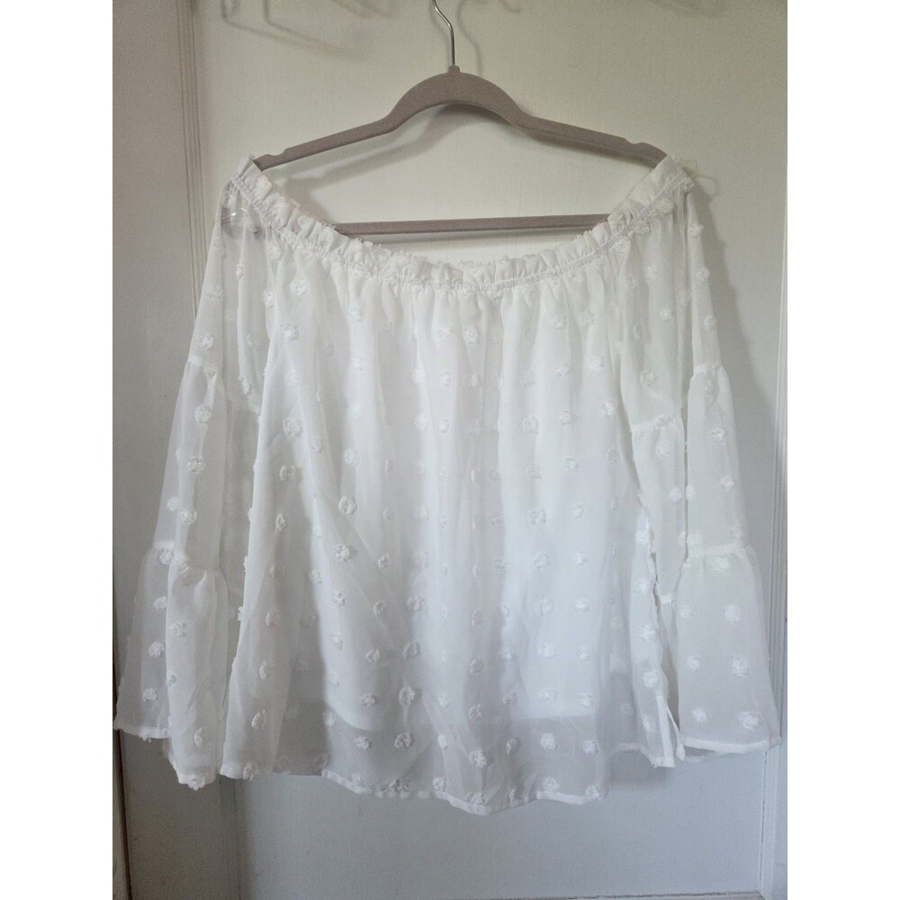 Andre by Unit White Swiss Dot Bell Sleeve Ruffle Blouse Size Medium